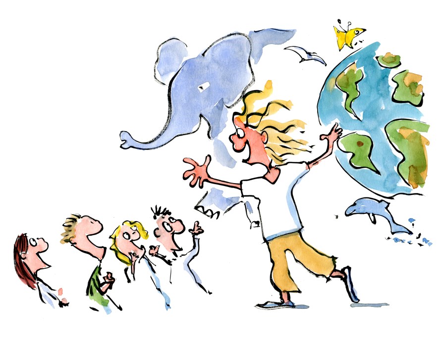 Drawing of a teacher using storytelling techniques to inspire the kids