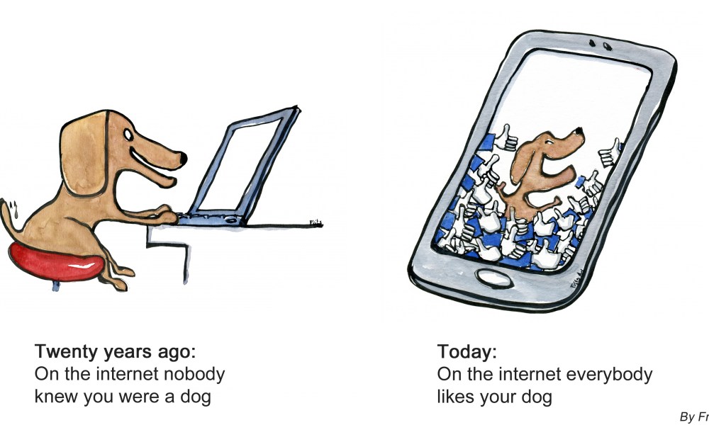 Drawing of a dog in front of a computer and another dog on a smartphone