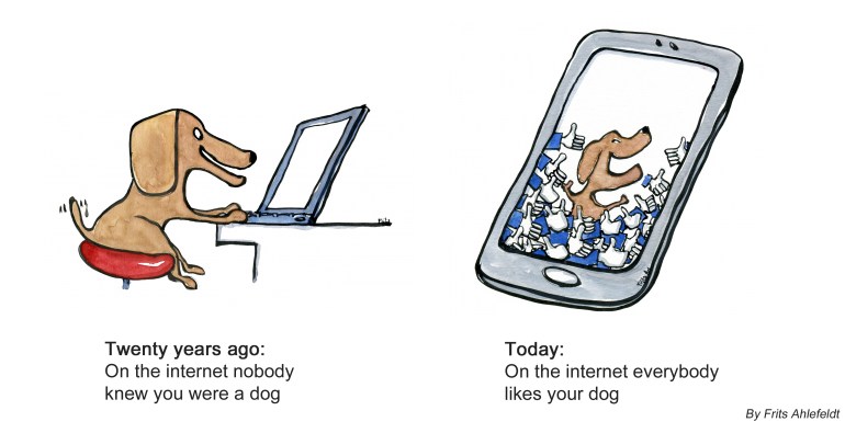 Drawing of a dog in front of a computer and another dog on a smartphone 