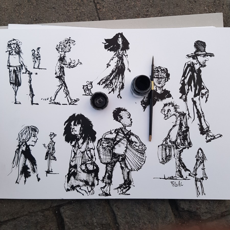 Drawing of people ink and water