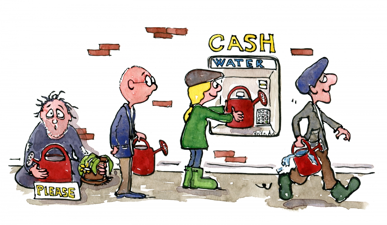 If money was water Drawing of people using a water-cash machine to get water