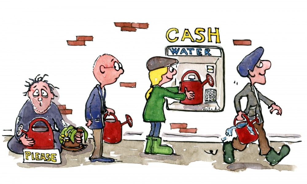 If money was water Drawing of people using a water-cash machine to get water