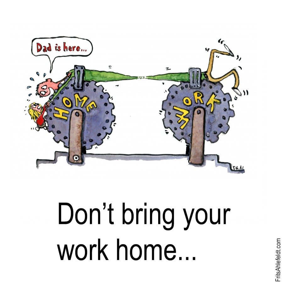 drawing of a stressed out father saying dad's here to his kid, even though he is still work running