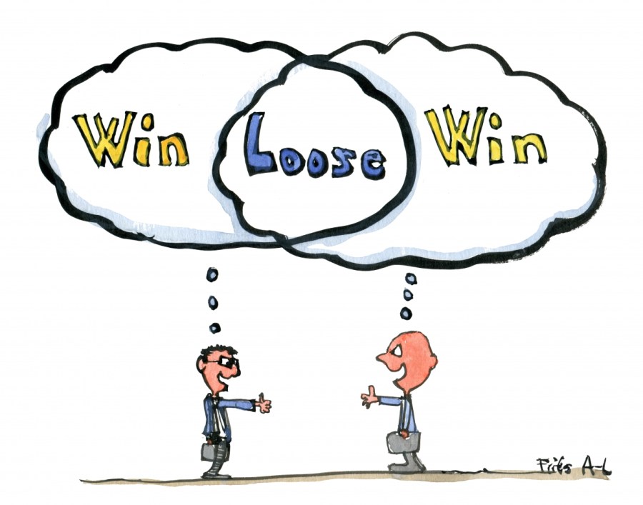Drawing of two people shaking hands thinking win-win, with loose in the middle