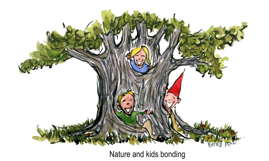 Drawing of kids playing by a huge tree