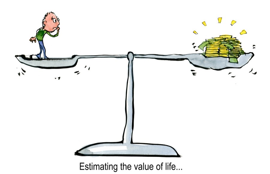 Drawing of a man on a scale, with money on the other side