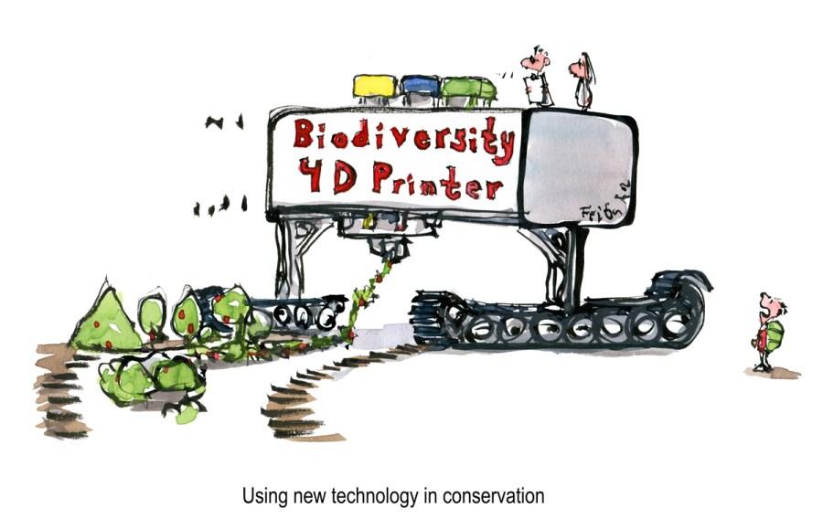 Drawing of a 3D printer, printing out nature and biodiversity