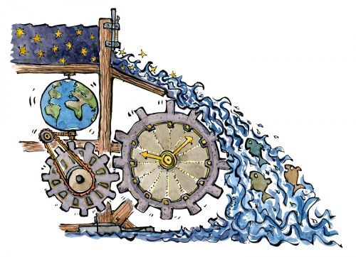 drawing of a river of time, with planets, stars and fishes