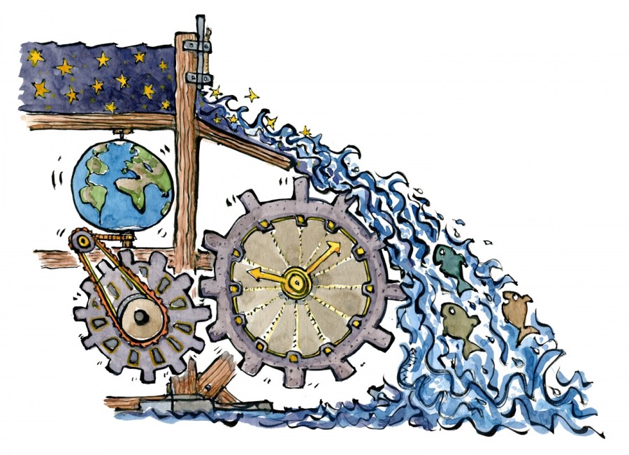 drawing of a river of time, with planets, stars and fishes