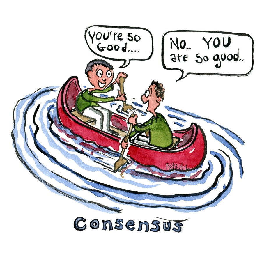 Team in a canoe, sailing in opposite direction, but complimenting each other for the hard work