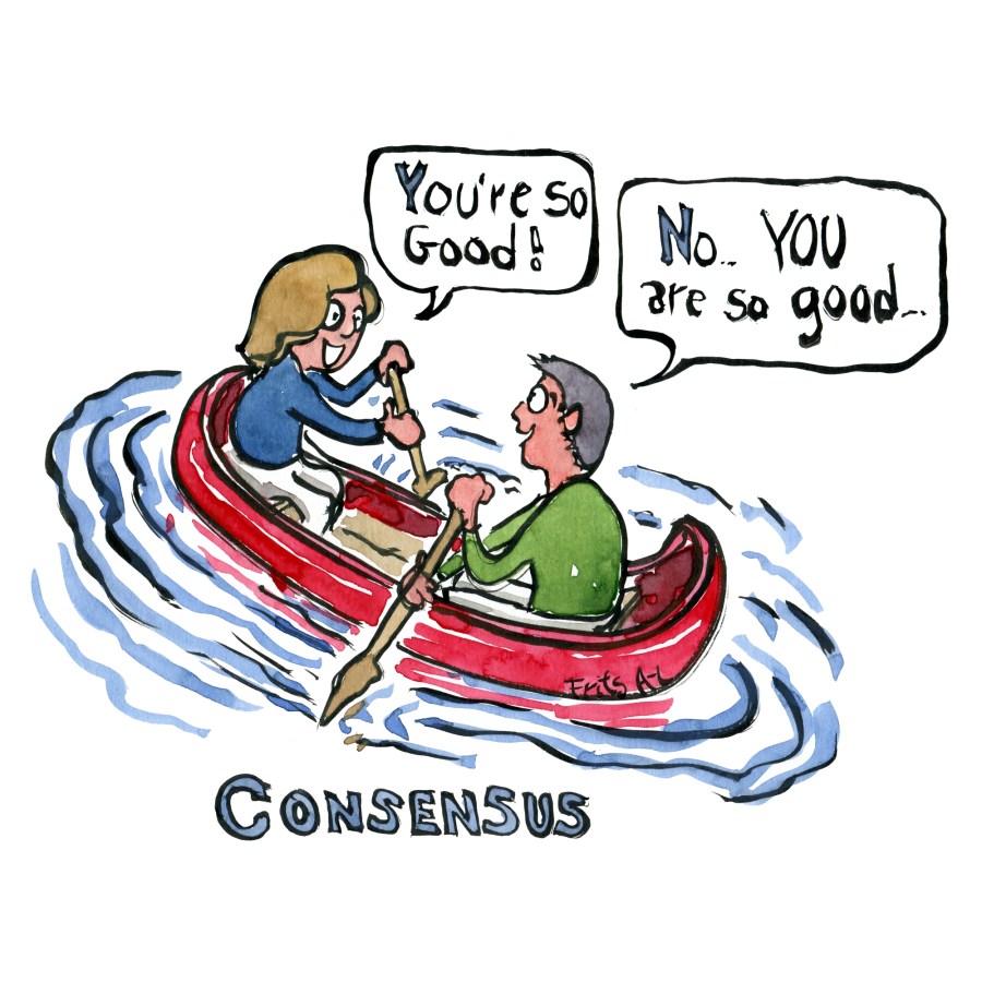 man and woman in canoe sailing in opposite direction, but complimenting each other