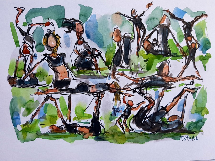 Group of people doing acrobatics, sketch