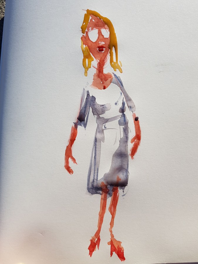 drawing by frits ahlefeldt of woman passing by, watercolor