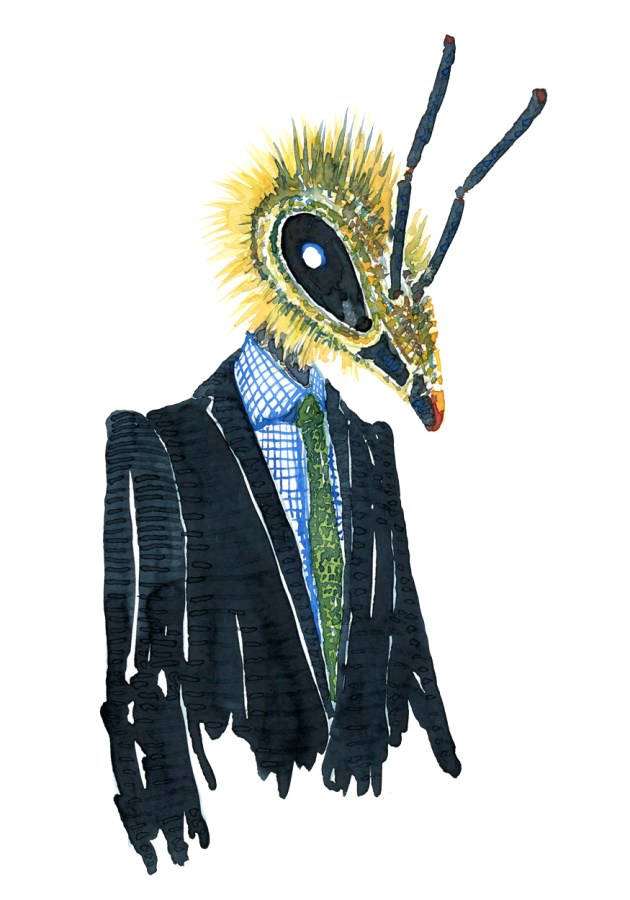 Watercolor of a bee dressed in a suit, artwork by Frits Ahlefeldt