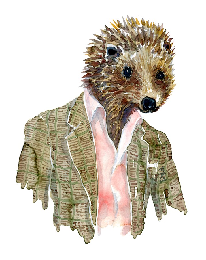 Watercolor of a hedgehog in a suit