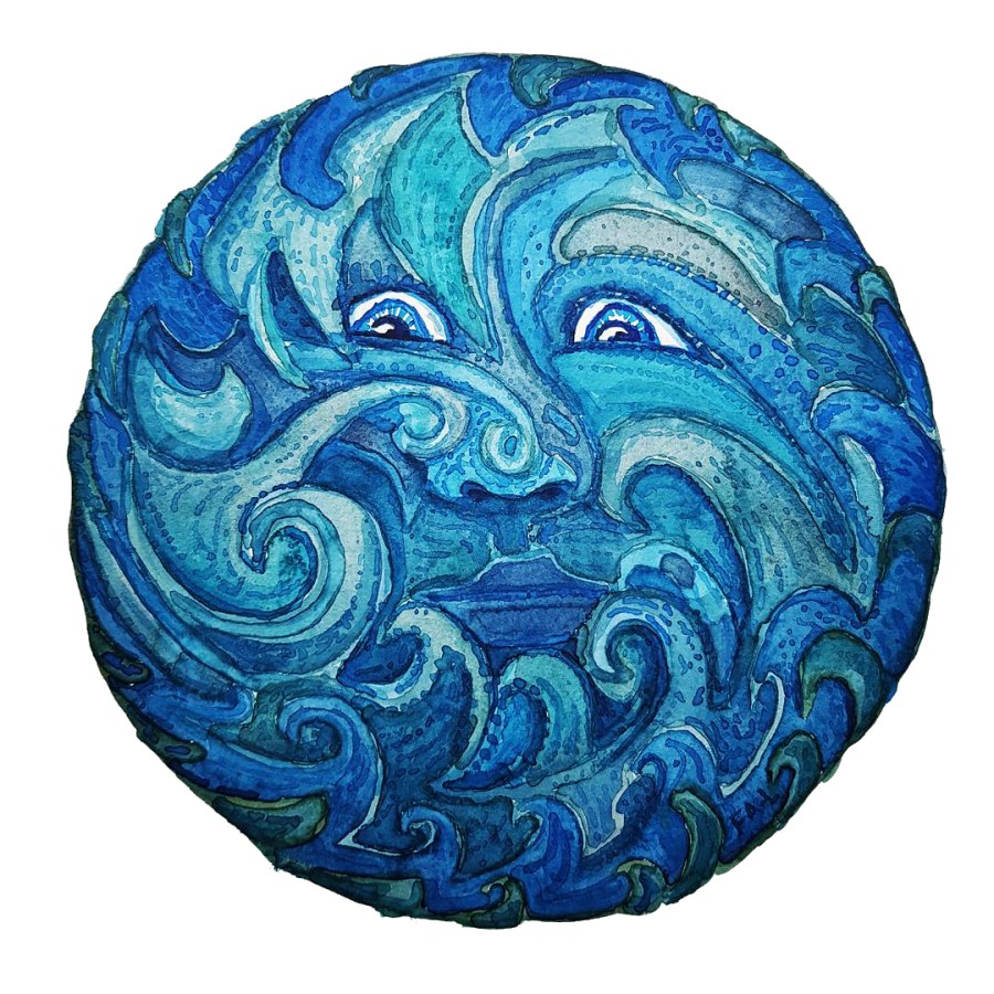 Drawing of a face in waves, watercolor by Frits Ahlefeldt