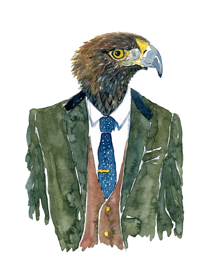 Watercolor illustration of an eagle in suit