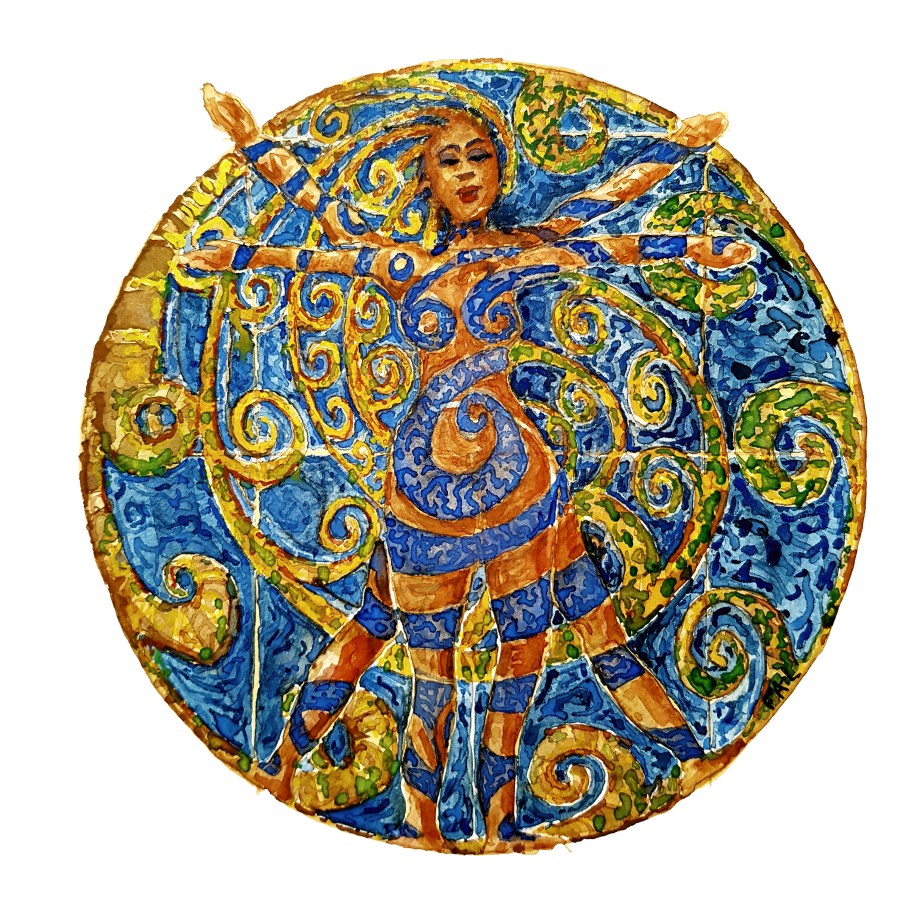 Woman in a circle, four arms and legs. watercolor by Frits Ahlefeldt