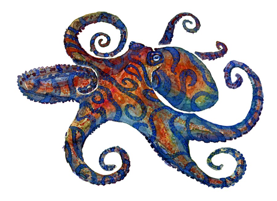Watercolor of an eight armed octopus with tribal stripes