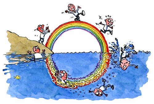 Man walking on a rainbow, model of the stages of wishful thinking, drawing by Frits Ahlefeldt