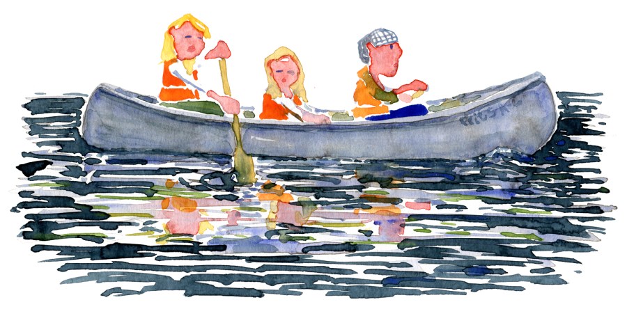 watercolor illustration of canoe with family
