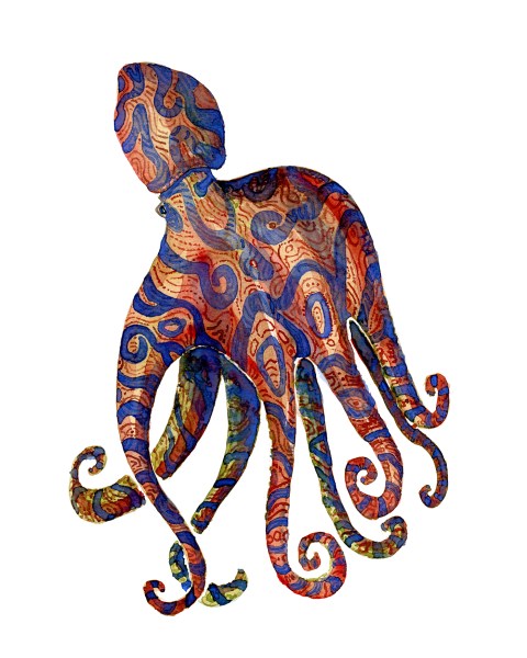 Tribal octopus creature with blue stripes swimming