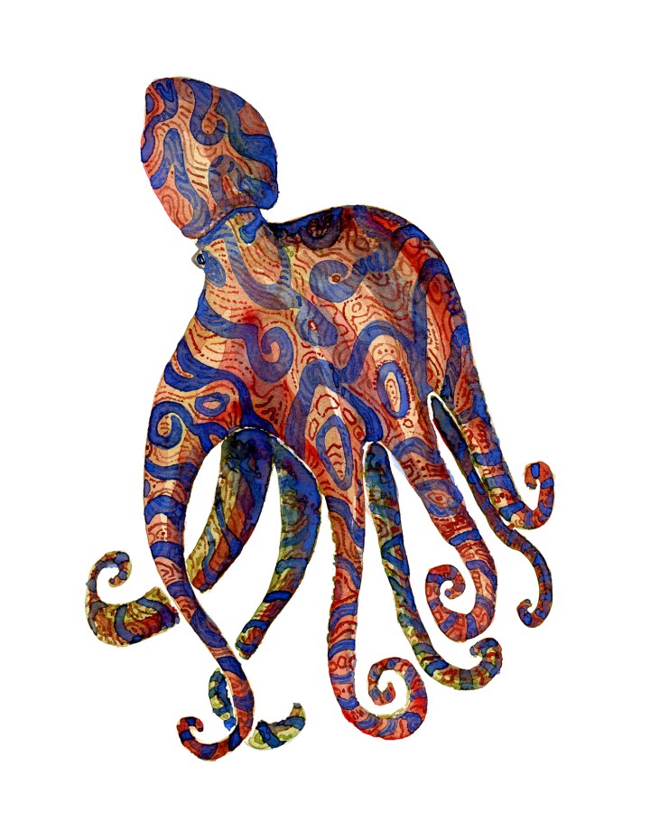 Tribal octopus creature with blue stripes swimming