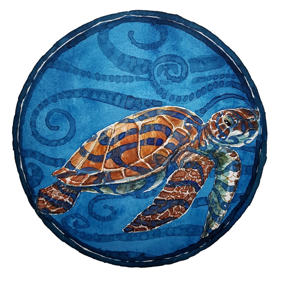 Watercolor of sea turtle in circle by Frits Ahlefeldt
