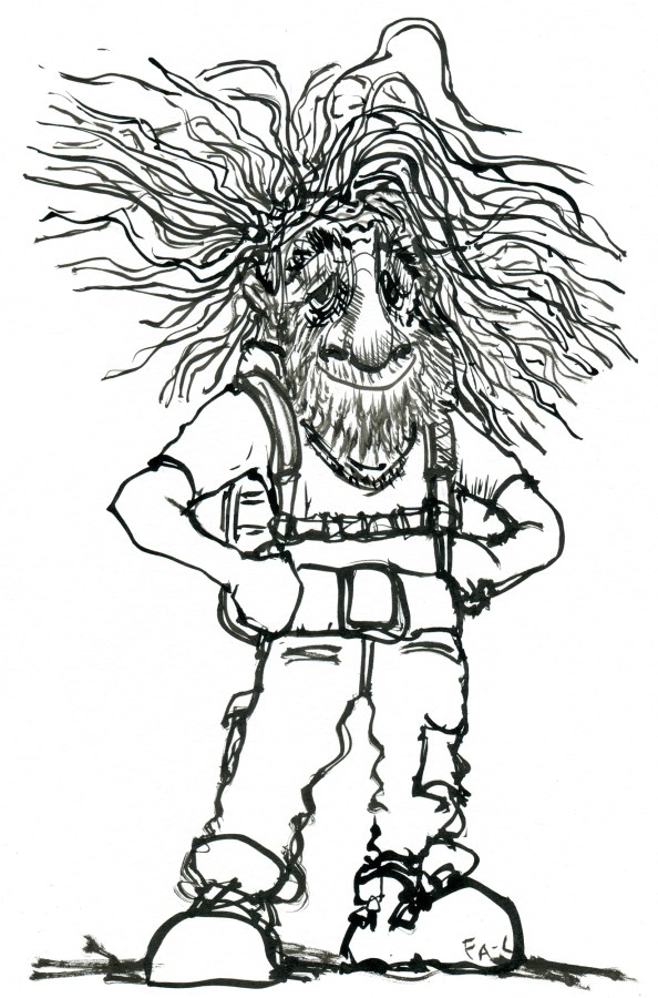 Ink drawing of an old hiker with crazy wild hair, and huge nose