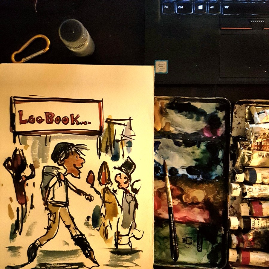 Logbook sketch of guy walking through city