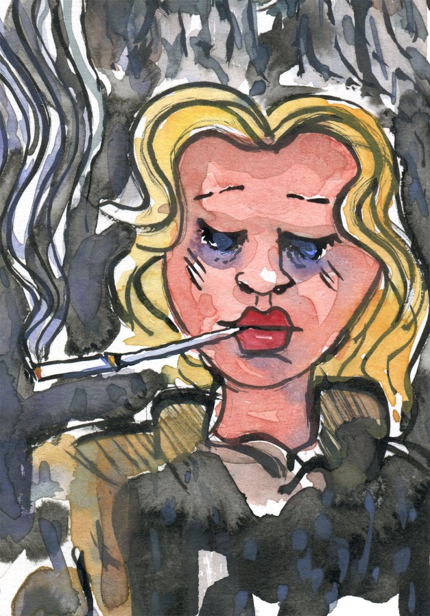 illustration of a woman looking tired and hardened, smoking a cigarette