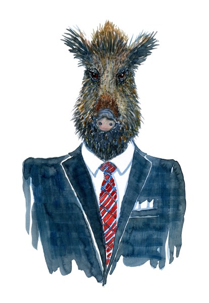 Wild Boar in clothing watercolor painting by Frits Ahlefeldt