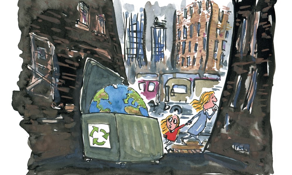 Woman busy on her phone dragging a kid. Snapshot as they pass by a narrow alley with Earth in there somewhere