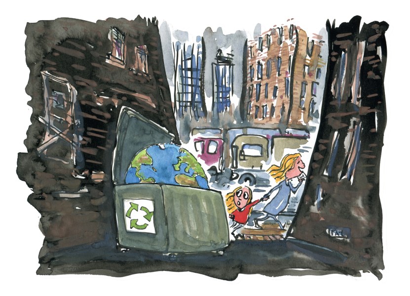 Woman busy on her phone dragging a kid. Snapshot as they pass by a narrow alley with Earth in there somewhere