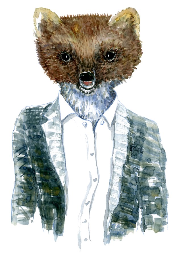 Pine Marten in clothing watercolor painting by Frits Ahlefeldt