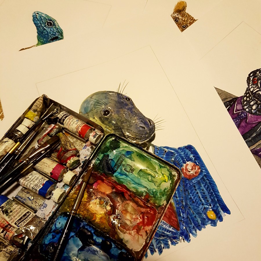 Watercolors and paintings by Frits Ahlefeldt, a seal and a few others