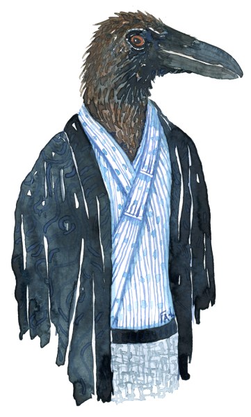 Raven bird dressed in an Asian, Japanese looking kimono