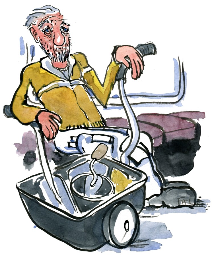 Illustration of an old man with mason tools, sitting in a train, illustration by Frits Ahlefeldt