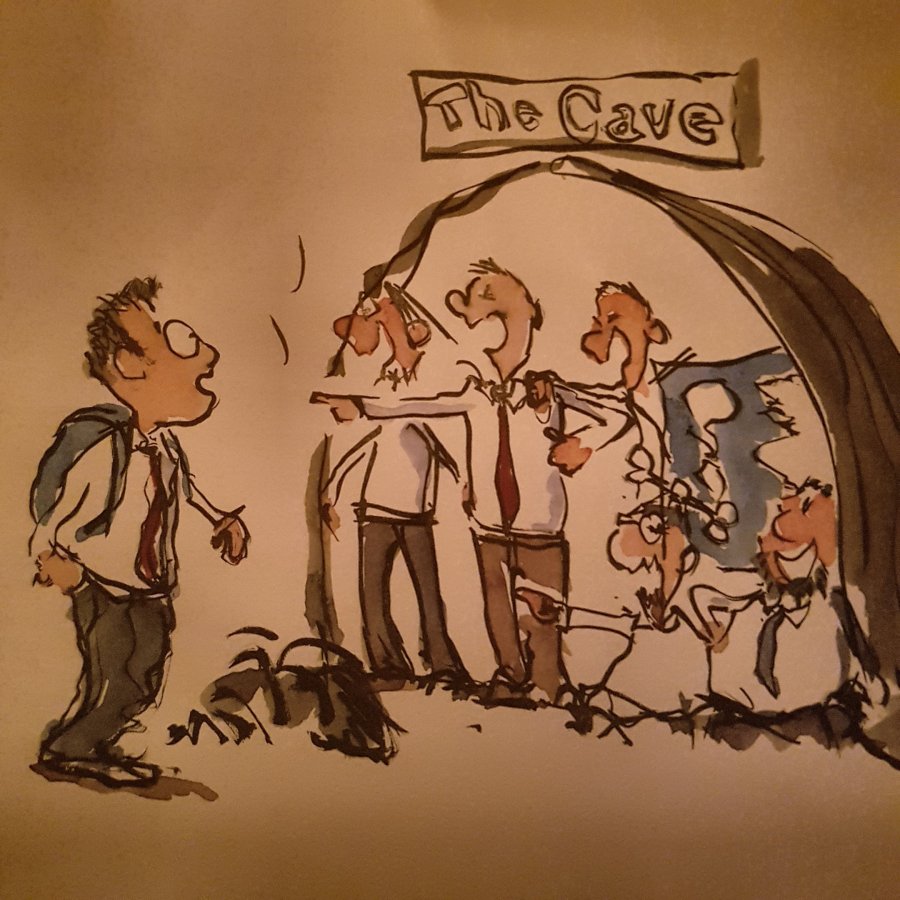 Drawing of a guy walking past a cave, where people watch and laugh at him