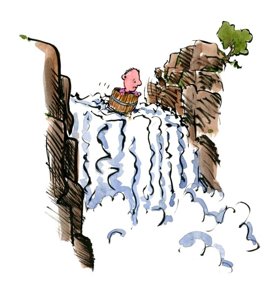 Man in a barrel heading out over a waterfall