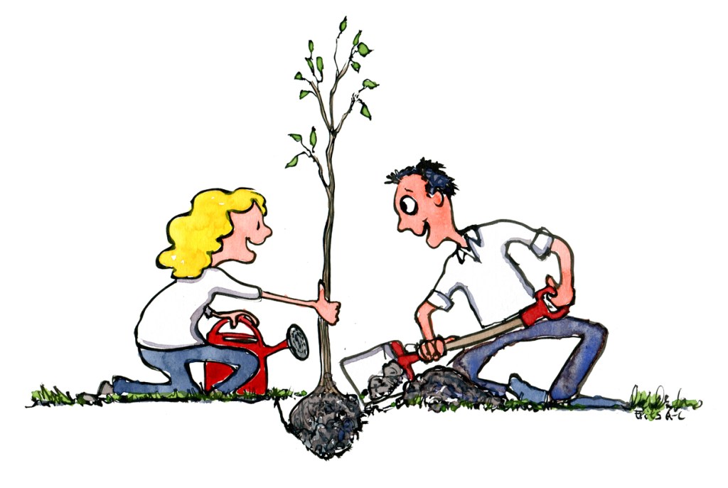 Two people planting a tree together