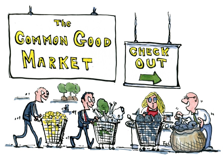 Drawing of businessmen checking out goods of the Common Good