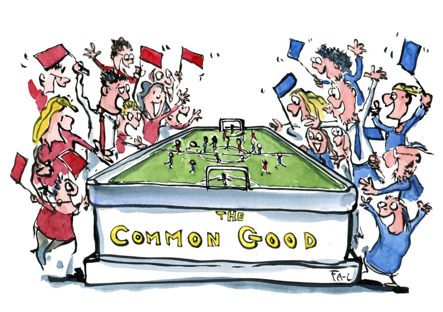 Drawings of two sports-teams playing on the foundation of the Common Good