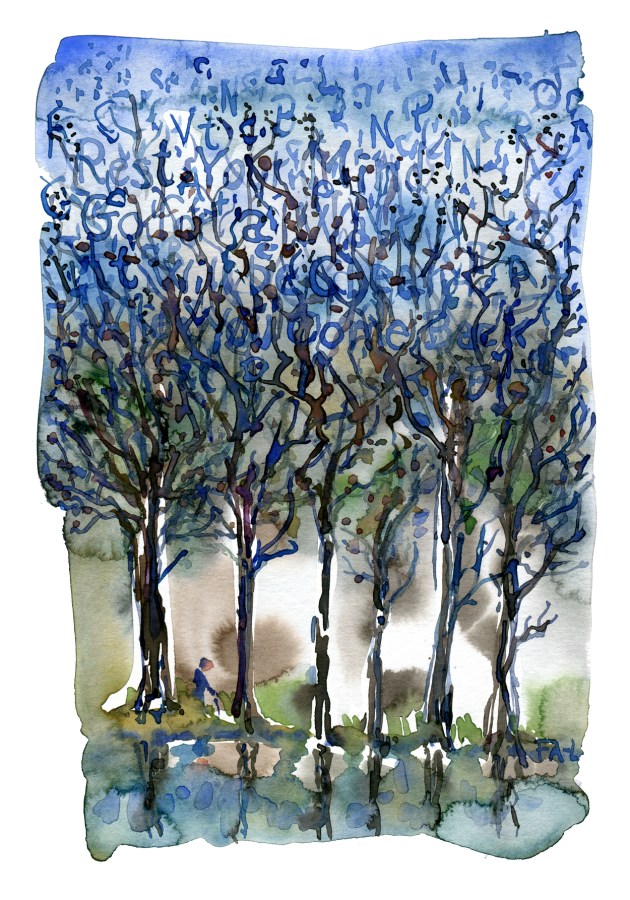 Watercolor of man walking by a group of trees