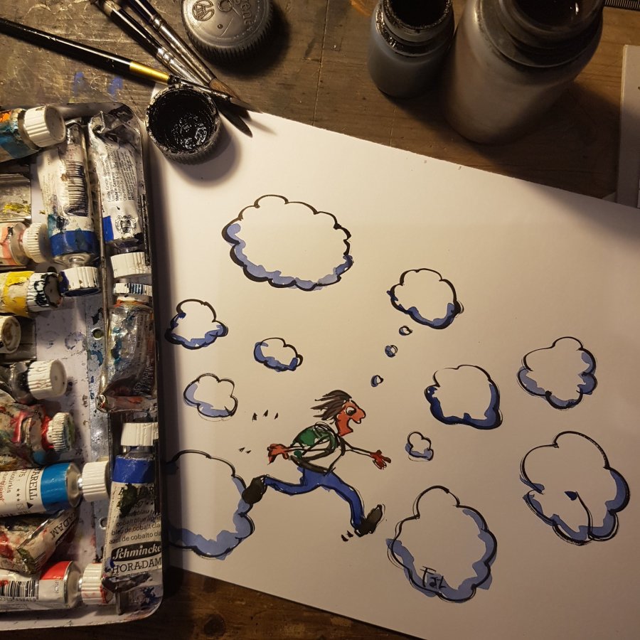 Drawing of a guy jumping between digital clouds