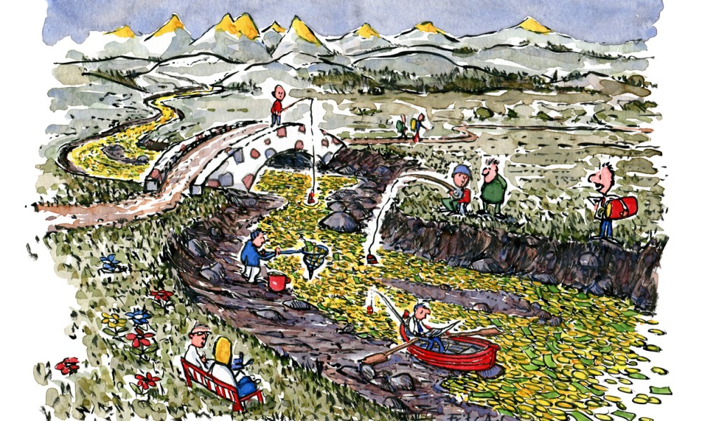 People around a river of money