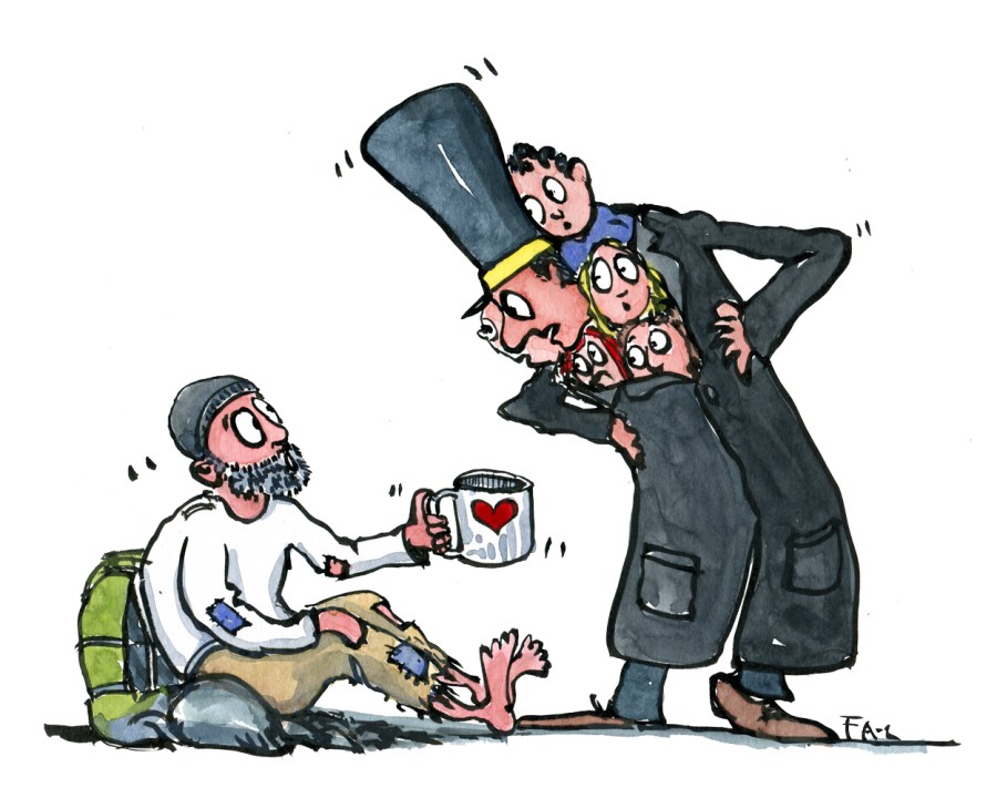 Drawing of a beggar asking for money from a many headed community figure with a tall hat