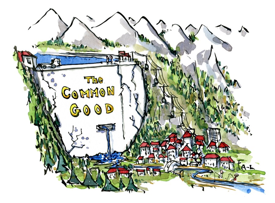 Drawing of a water dam above a small city. with the text Common Good on it.