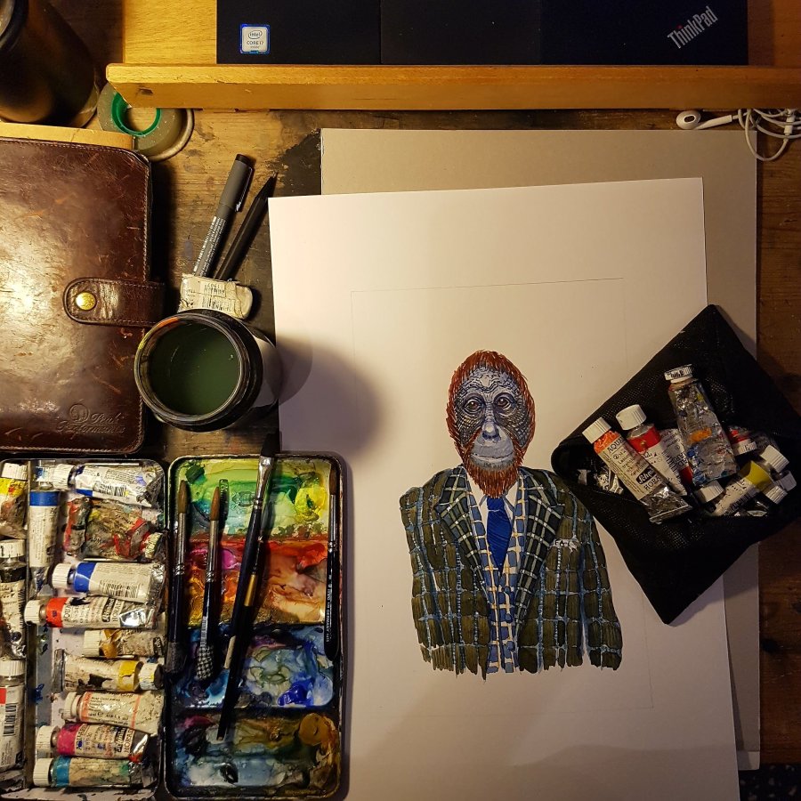 Watercolor of an orangutan in a suit, artwork by Frits Ahlefeldt