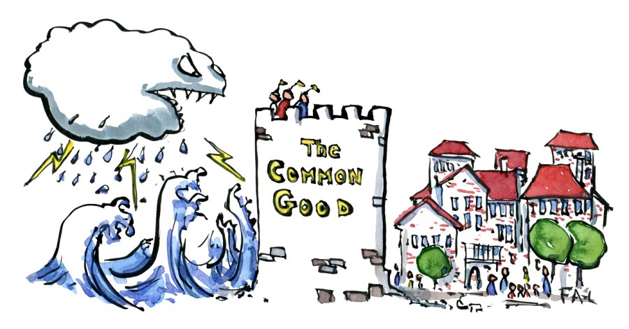 Drawing of a common good defense wall, a small city and gigantic waves of a storm surge